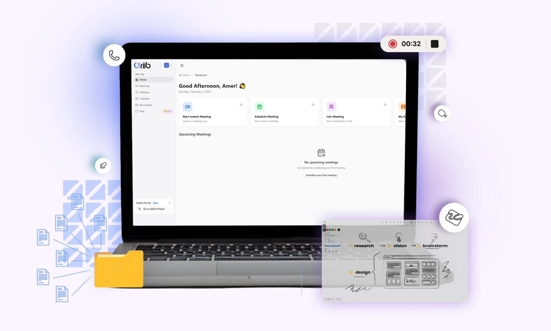 Qriib dashboard interface showing meeting controls, participant management, and collaboration tools